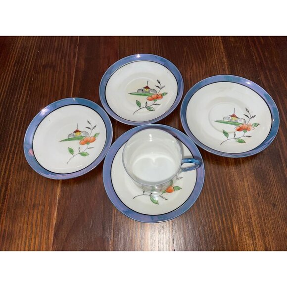 Vintage TT Takito Japan Hand Painted Lusterware Demitasse Cup Saucers Pagoda - Picture 2 of 10